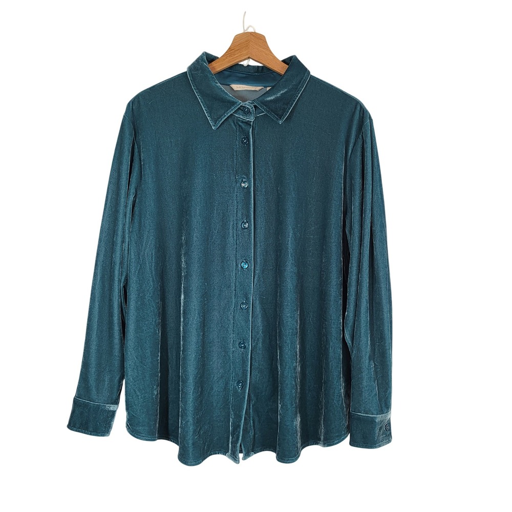 Soft Surroundings‎ Green Velvet Button-Front Shirt PXL Party Dressy Holiday Luxe